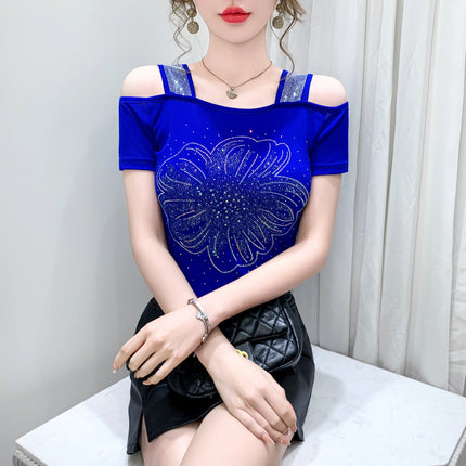 New Summer European Clothes Women's T-Shirts Luxury Butterfly Hot Diamonds Tees Sexy Streetwear Off-Shoulder Tops Shirt