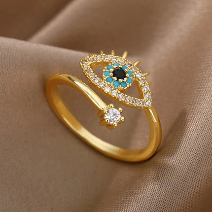 Stainless Steel Zircon Geometric Rings For Women Luxury Evil Eye Gold Color Adjustable Trendy Wedding Aesthetic Jewerly Gift