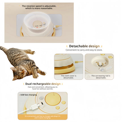 USB Rechargeable 3-in-1 Interactive Cat Teaser Toy 360° Rotating Feathers & Mandala Pattern, 1200 battery capacity Plastic Design