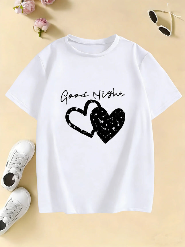 Good Night with Love Heart T-Shirts Short Sleeve Kids Children's T-shirt Boys Girls Summer Spring Casual Top Tee Shirt