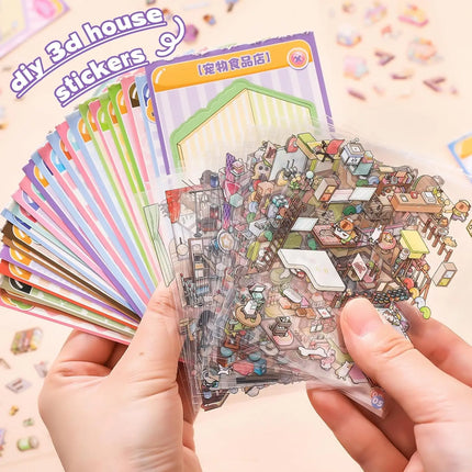 Pocket DIY 3D Sticker Scene Collection Book DIY 3D House Stickers Therapy Cute Cartoon Mini Stickers Scenes for Relief Stress