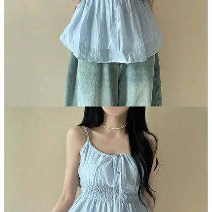Sexy Summer Design D-string Strap Folded Waist Slimming Women's Casual Sexy Vest Top with Belt Polyester Fiber Thin Model