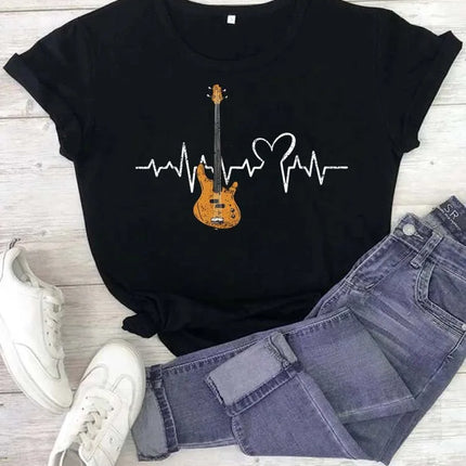 Fashion Women T Shirt Musical Note Printed T Shirt Casual Black Tops 90s Ladies Girls Tee Shirt Female Harajuku Graphic T-shirt