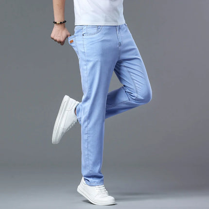 Lyocell Jeans Summer Ultra-Thin Elastic Straight Men's Denim Pants Fashion Korean Soft Drape Cool Business Casual Trousers