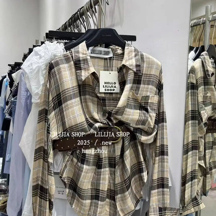 Loose Long-Sleeve Shirt Women's Korean Style Plaid Versatile Shirt with Belt, Slimming Effect, Early Autumn New Style Dongdaemun