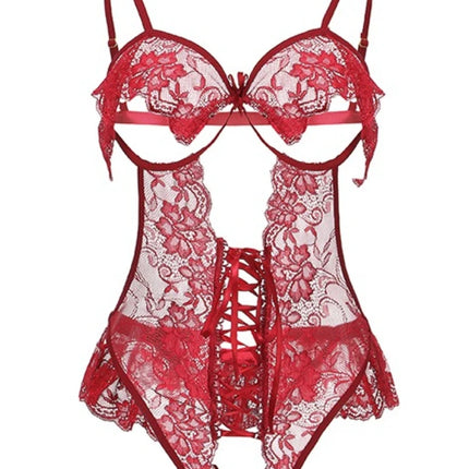 Women Sexy Faux Leather Bodysuit with Choker Chain Wrist Cuffs Hollow Out One-Piece Lingerie Erotic Nightwear for Clubing Party