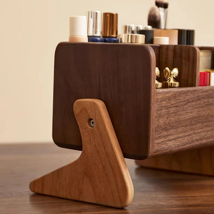 Walnut Cosmetic Organiser Desk-top Vanity Unit Lipstick & Eyeshadow Organiser Makeup Brush Holder Large Capacity Storage Rack