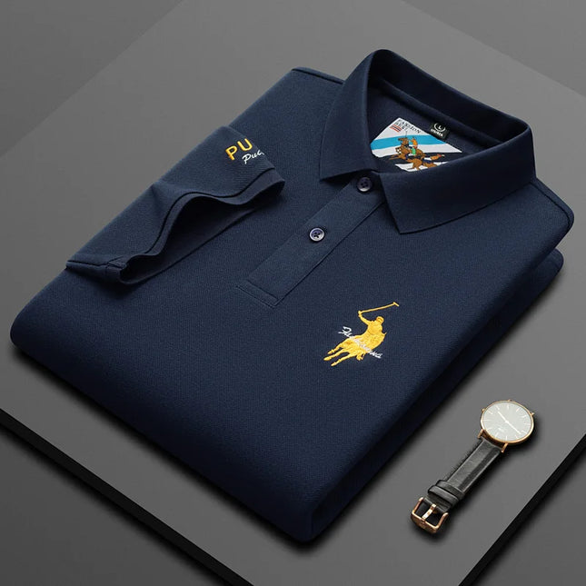 Luxury Embroidery Men's Polo Shirt Summer Thin Breathable 100%Cotton Black Navy Blue Lapel Short-Sleeved Tops Brand Clothing