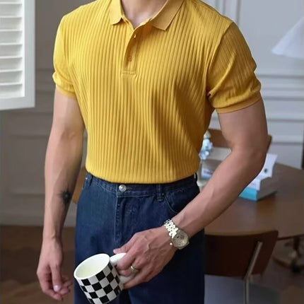 Vertical Stripe Knit Polo Men's Shirts Summer New Slim Solid Color Breathable Turn-Down Collar Business Short Sleeve Polo Tops