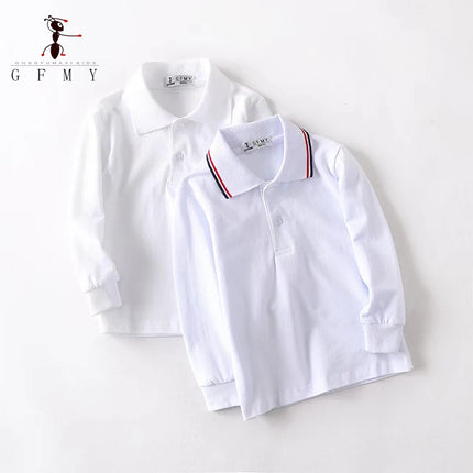 GFMY Children's Lapel Long Sleeved White Polo Shirt  Boys Girls Breathable  Cotton Popular Polo Shirt 3T-18T School Uniform TopS