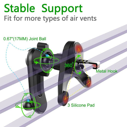 Universal Car Air Vent Clip 17mm Ball Head - Adjustable Metal Hook for Phone Holder & Wireless Charger
