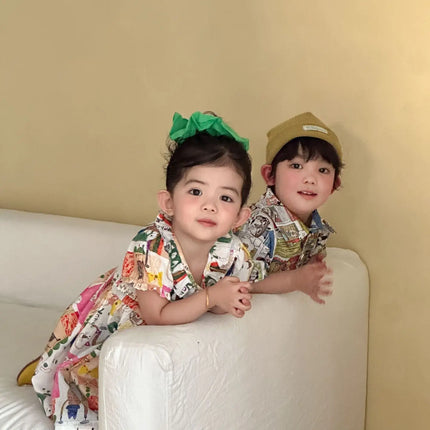 RAISE Children Summer Shirts Outfits Boys Vacation Suit 2026 Kids Girls Print Dress Brother Sister Outfits Siblings Matching Set