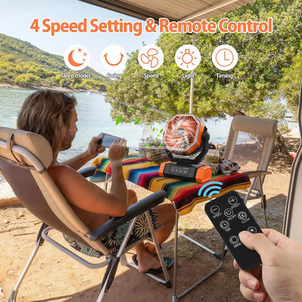 A camping fan powered by a 40000 mAh battery, rechargeable fan, with LED lights, equipped with a remote control and timer