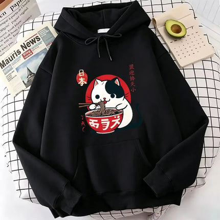 Japanese Style Cat Eat Ramen Hoodie Manga Cat Children's Sweatshirt Cute Hoody Casual Hoodies Spring Unisex Clothes