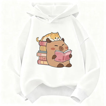 Cute Cat with Capybara Reading Book Hoodies Children's Sweatshirt Hoody for Boys Girls Spring  Casual Hoodie