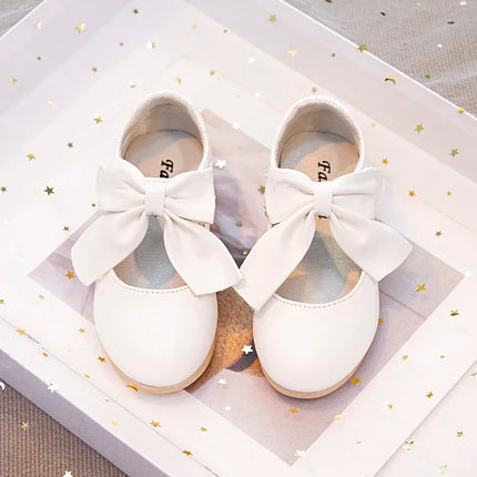 Girls Leather Shoes with Big Bow-knot Princess Sweet Classic Fashion Children Party Shoes White for Wedding Soft Anti-slippery