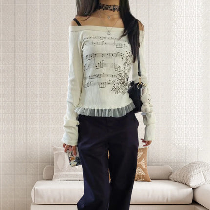 Women Y2K Graphic Long Sleeve Top Off Shoulder Music Score Tee Shirt Aesthetic Fairy Grunge T-Shirt 2025 Fall Streetwear