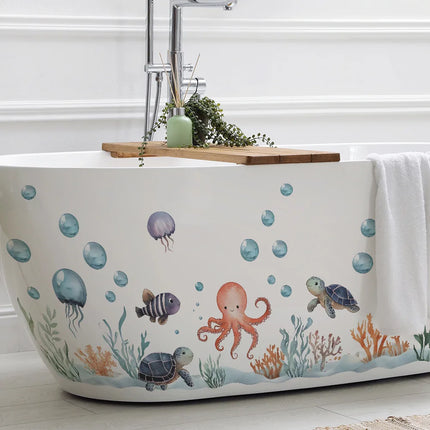 Watercolor Cartoon Ocean Fish Animal Wall Sticker Living Room Bedroom Sea Life Beach Landscape Wall Decal Home Decor