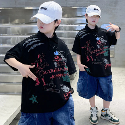 Fashion Kids Summer Short Sleeve Polo Shirt With Drawings Teens Boys Casual Outfits Clothes Baby Child Loose Cotton Polo Tshirt