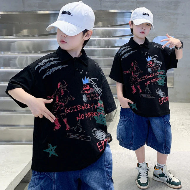 Fashion Kids Summer Short Sleeve Polo Shirt With Drawings Teens Boys Casual Outfits Clothes Baby Child Loose Cotton Polo Tshirt