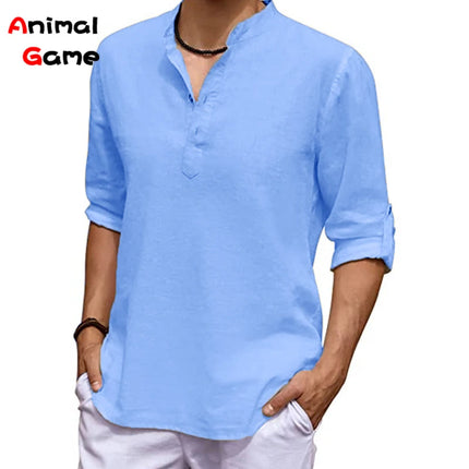 New Men's Linen Long Sleeve V-neck T Shirt Solid Color Oversize Casual Shirt Cotton Shirt Plus Size Yoga Button Shirts for Men