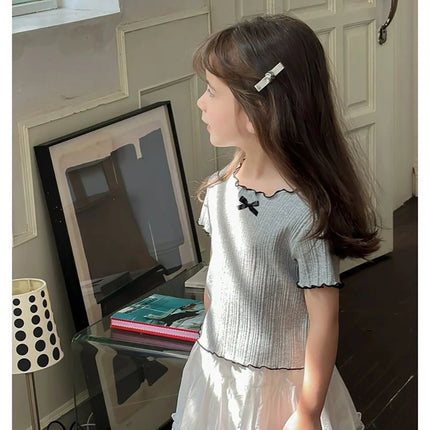 Girls' Ice Silk T-shirt Korean Style Short Sleeve Tops Children's Clothes 2025 Girl Summer Teen Kids Bow Round Neck Solid Tops