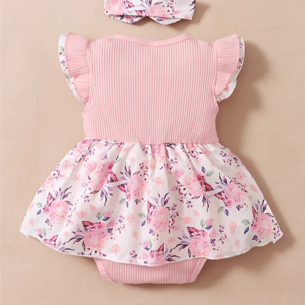 0-18 Months Baby Girl Floral Romper Dress Fly Sleeve Summer Ribbed Jumpsuit with Headband Newborn Baby Girl 2PCS Outfit