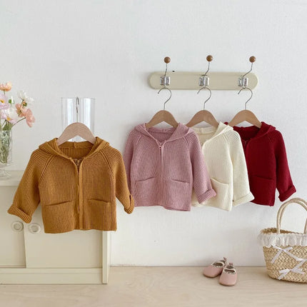 New Spring Autumn Toddler Girl Boy Sweater Coat Knit Hooded Cardigan Long Sleeve Top with Pockets Warm Casual Outerwear A5336