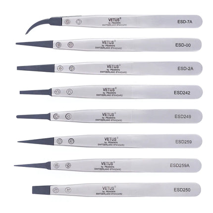 VETUS ESD Series Anti-static Tweezers with Interchangeable Head Stainless Steel Body Conductive Carbon Fiber Plastic Handle 1pcs