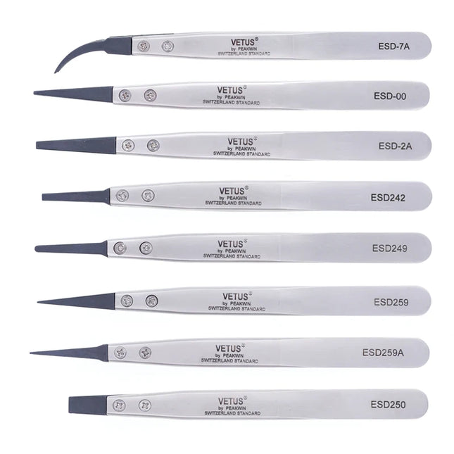 VETUS ESD Series Anti-static Tweezers with Interchangeable Head Stainless Steel Body Conductive Carbon Fiber Plastic Handle 1pcs