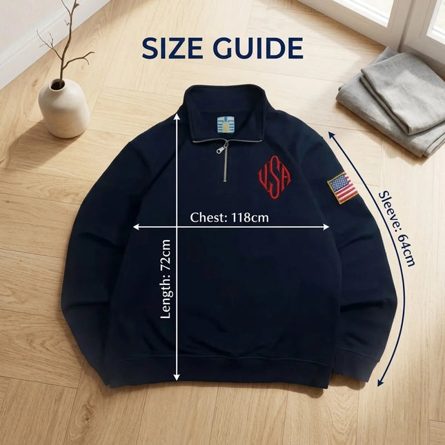 Y2K American Flag Embroider Hoodies Quarter Zip Sweatshirts Men Navy Blue White Pullover Patch Sleeve Streetwear Casual Sweater