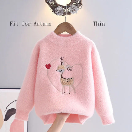 Fashion Embroidered Cute Deer Kids Sweater Girls Knit Pullover Princess Soft Cozy O-Neck Heart-shape Autumn Winter Tops HY12161