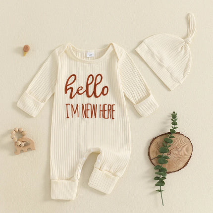 Newborn Baby Boy Fall Clothes Set Casual Letter Embroidery Long Sleeve Ribbed Romper Jumpsuit and Hat 2Pieces Set for Infants