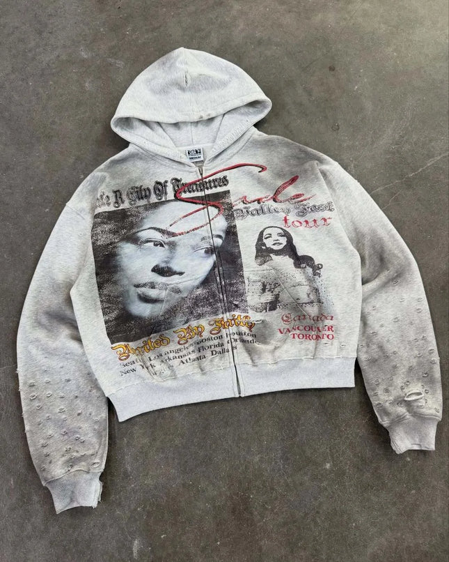Y2K American style men's and women's zipper style hooded gray sweatshirt jacket, thick and sturdy, warm sweatshirt