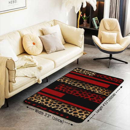Striped Red Leopard Area Rug, Color Block Wild Animal Hide Print, Non-Slip Washable Mat for Living Room Sofa Dining Room Indoor