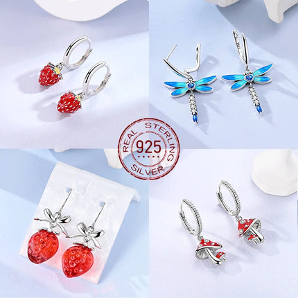 2025 New 925 Sterling Silver Earrings Simple Bow Strawberry Butterfly Hoop Stud Earrings for Wedding Party Women Jewelry Girls
