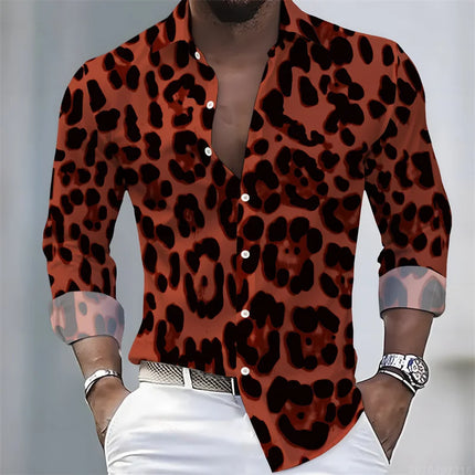 New Men's Leopard Print Long-Sleeved Shirt, Trendy Retro Slim-Fit Turn-Down Collar Casual and Stylish Men's Shirt, Sizes S-6XL.