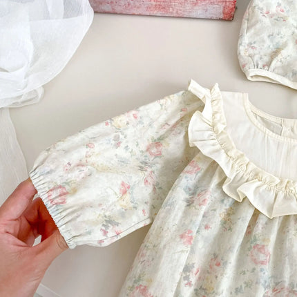 5372-1 Newborn Clothes 2025 Spring New Retro Floral Baby Girl's Bag Fart Clothes Big Lace Climbing Clothes with Hat