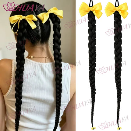 2‑Pack Women's Synthetic 24‑Inch Long Black Braid Ponytail Hair Extensions, Bow Hair Ties, Straight Braid Hair Pieces, Re‑Stylab