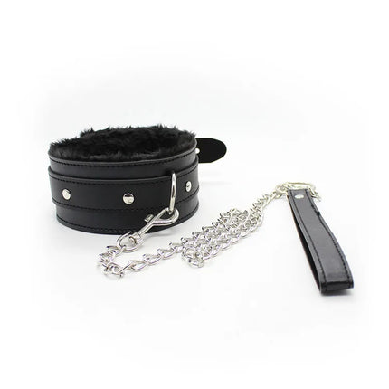 Faux Leather Plush Neck Choker Furry Collar with Metal Chain Drag Leash Lockable Harness BDSM Bondage Restraints  Sex Toys