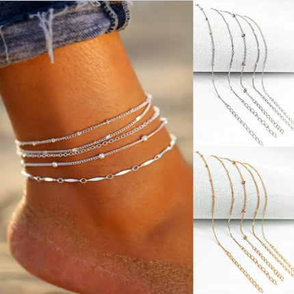 5 Pcs /set Silver plated Stainless Steel Anklet for women men Summer Beach Bracelet Accessories Jewelry Valentine's Day Gift