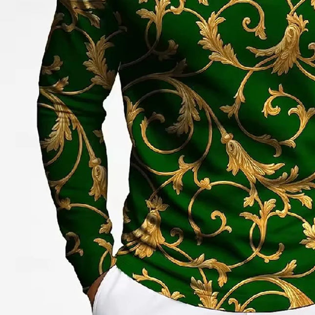 Gold Print Pattern Men's Long-sleeved Fashion Polo Shirt Outdoor Leisure Beach Entertainment Design Comfortable Spring