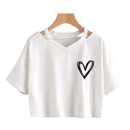 Women's Sexy Crop Tops with Heart Print Short Sleeve Cropped T Shirt Drawstring Graphic T-shirt Fashion T-shirt Clothes