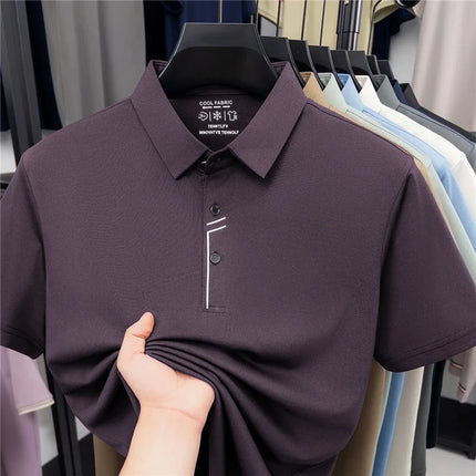Men's Business Style Polo Shirt Cool Fabric Wrinkle Resistant Short Sleeve Top For Office Work
