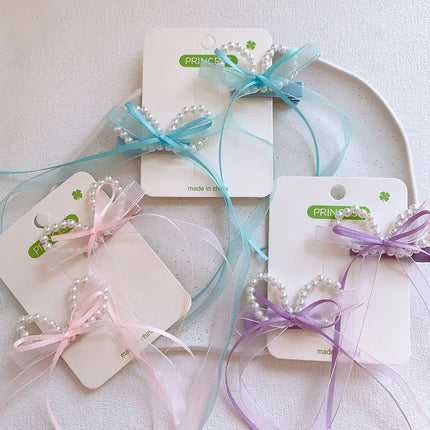 2PCS/Set Sweet Pearl Bow Hair Clips for Baby Girl Cute Fairy Long Ribbon Headwear Princess Kids Hair Accessories Headdress