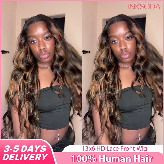 13x6 Lace Frontal Human Hair Wigs 1B/30 Highlight Ombre Black Brown Colored Preplucked 30-Inch Body Wave Lace Front Wig For Women