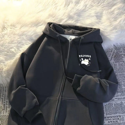 American Style Cat Print Open Cardigan Hoodie Jacket Loose Fit Long Sleeve Polyester Comfortable Casual Commute Style for Women