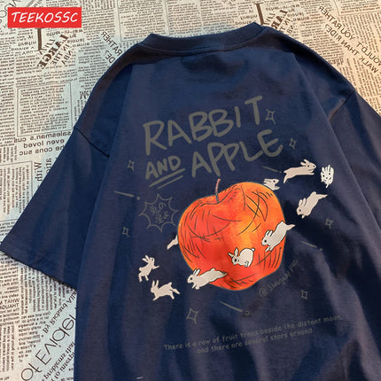 Rabbits Running Around Apples Print Men's Tees Cartoon Breathable T-Shirts Popular Comfort T-Shirt Retro Round Neck Short Sleeved