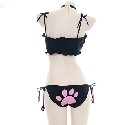 Anime Girl Cute Cat Paw Bikini Swimsuit Costume Summer Beach Girl Mini Lovely Cats Bell Swimwear Uniform Cosplay Cats Hollow Bra