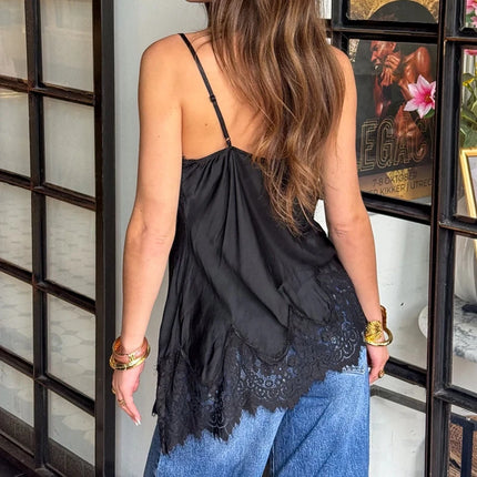 Asymmetrical Backless Spaghetti Strap Tank Cami Shirts Sexy V Neck Silk Camisole Tops Women Coquette Lace Trim Satin Tank Top